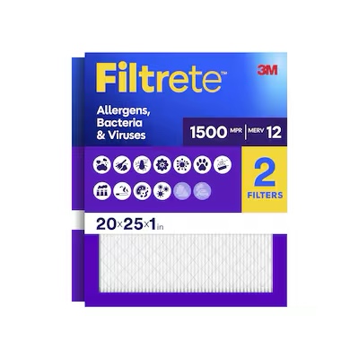 filtrete 20 x 25 x 1 merv 12 1500 mpr allergens, bacteria viruses electrostatic pleated air filter 2 