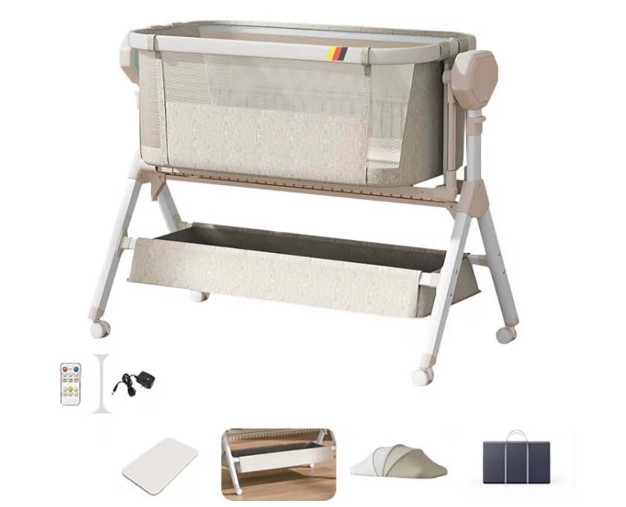 steanny bassinet,electric rocking bassinet,bedside co-sleeper,unisex baby travel bed with wheels(khaki)