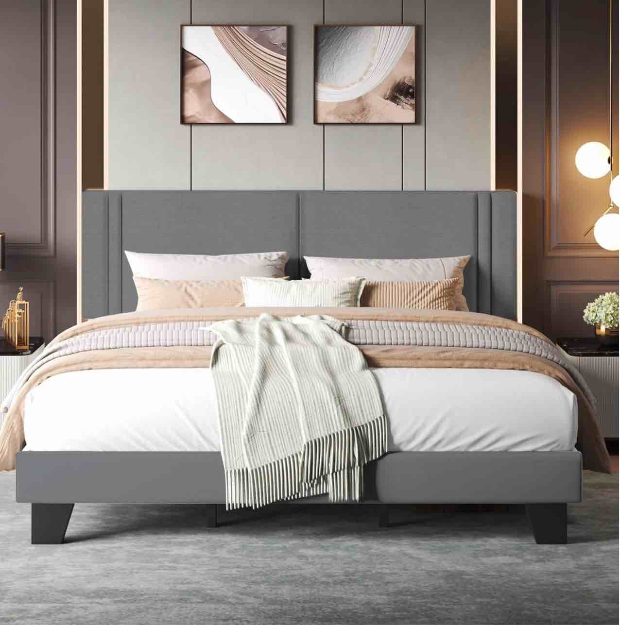 jonpony upholstered queen headboard,solid wood head board with linen fabric,adjustable height headboard from 37" to 51",bed frame adapters,headboard only,gray