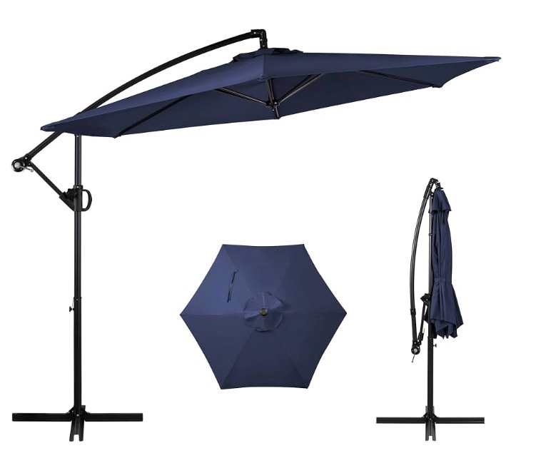 shintenchi offset patio umbrella with easy tilt adjustment,crank , outdoor cantilever hanging umbrella, sunshade free standing canopy, navy blue