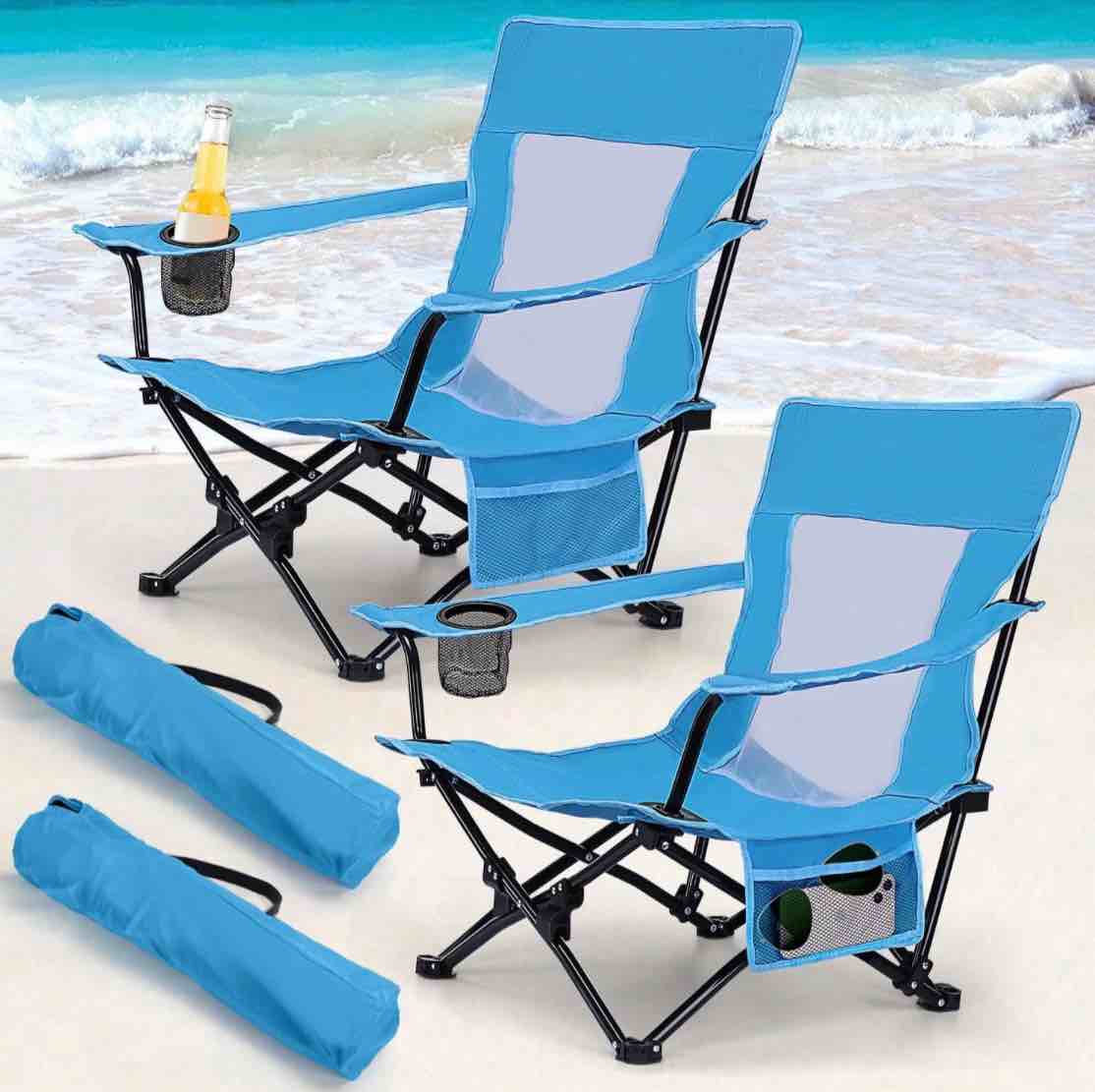 coliware folding backpack beach chair set of 2 blue compact lightweight camping chair with carry bag cup holder outdoor reclining low-profile travel