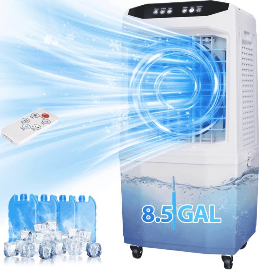 cooler fan 90° auto swing air cooling fan 7 gal water tank for 30h cooling 3 modes & 3 speeds 12h timer