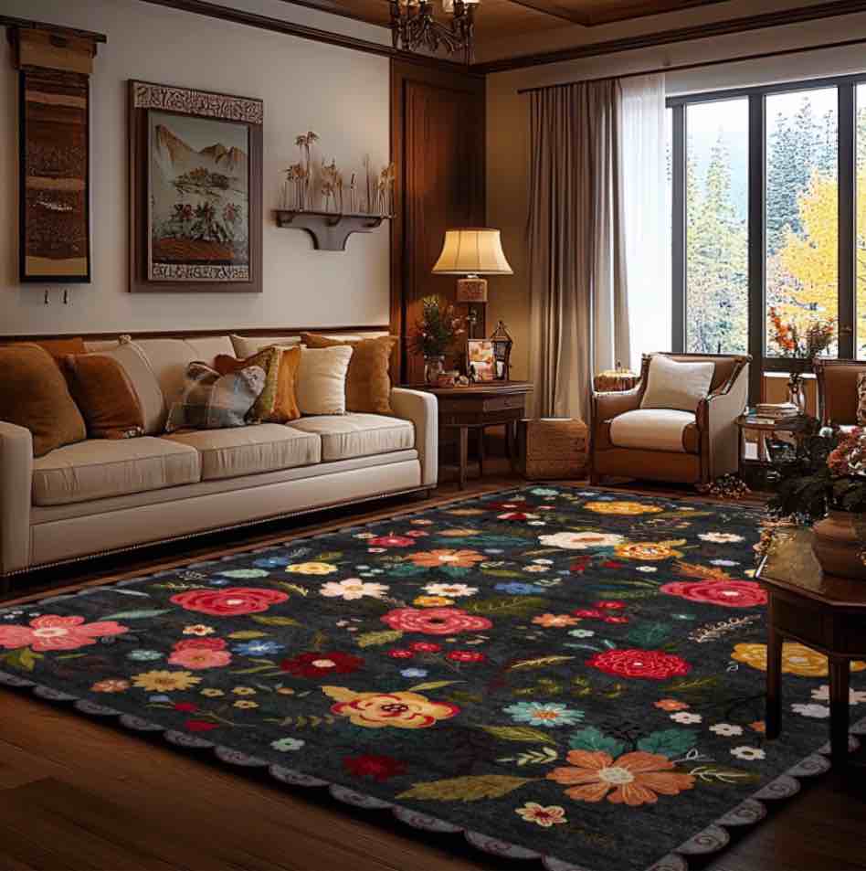 pentantan 9 x12 floral area rugs machine washable rug for living room- soft indoor carpet low pile for bedroom dining room playroom office black