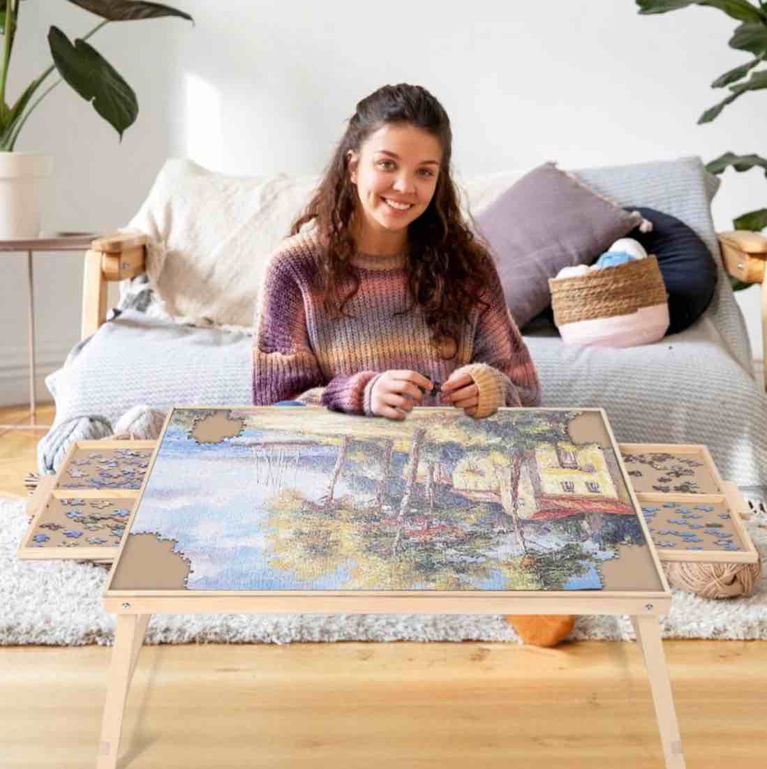 1500 piece puzzle board with folding legs and 2 sliding drawers,34" x 26" wooden jigsaw puzzle table,wood puzzle tray for adults