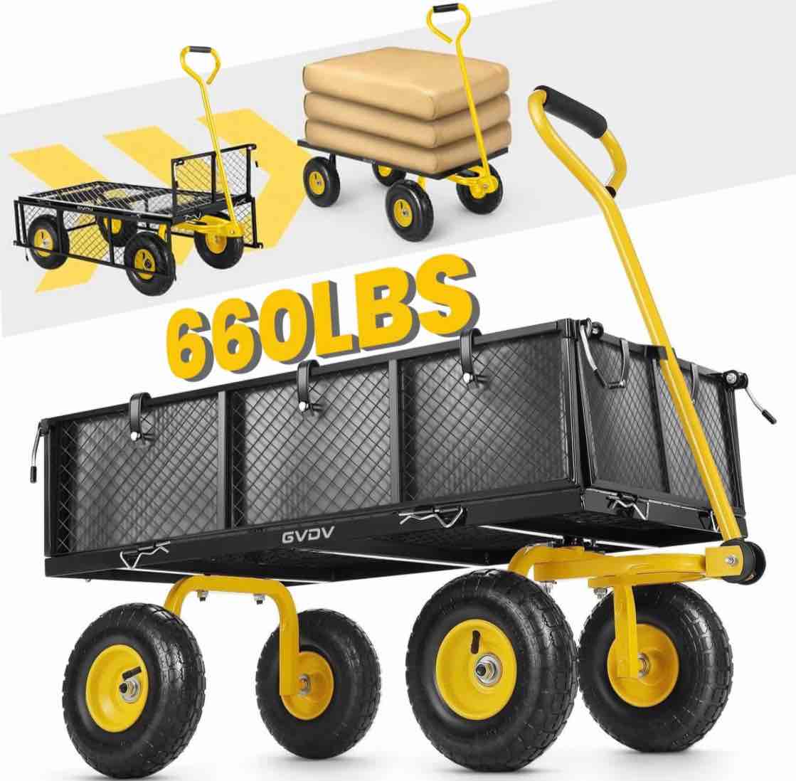 gvdv heavy duty steel garden cart with liner, 40" x 20", 660lbs capacity, 10" wheel, utility cart for yard work hauling and outdoor use, black/yellow