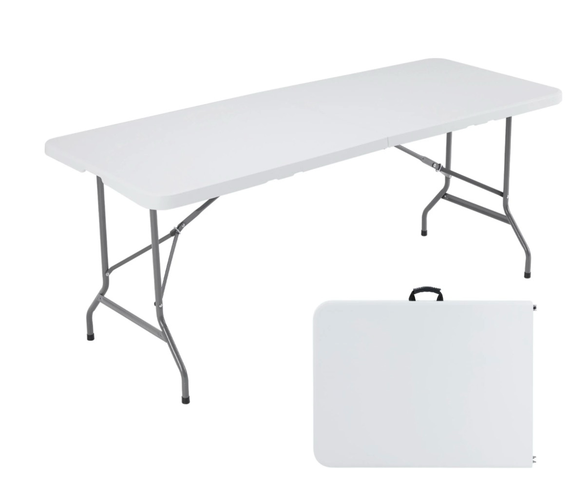 edx 6ft folding table, outdoor indoor heavy duty portable with carrying handle for camping, white,27.56"w x 70.89"d x 29.32"h