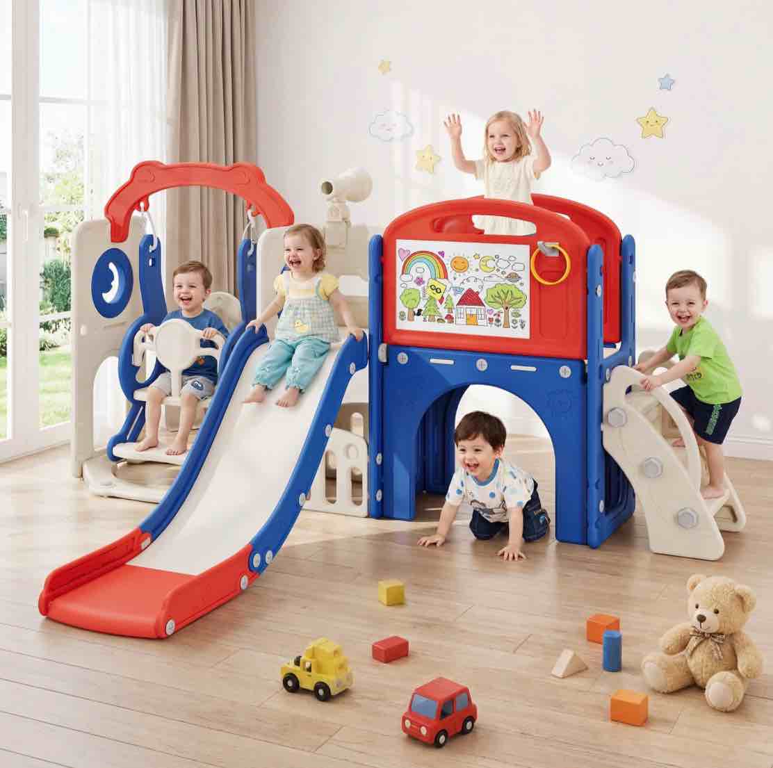 bobiber xl 11 in 1 toddler slide playset for kids, indoor/outdoor toddler playground for ages 1-4 (blue/red)