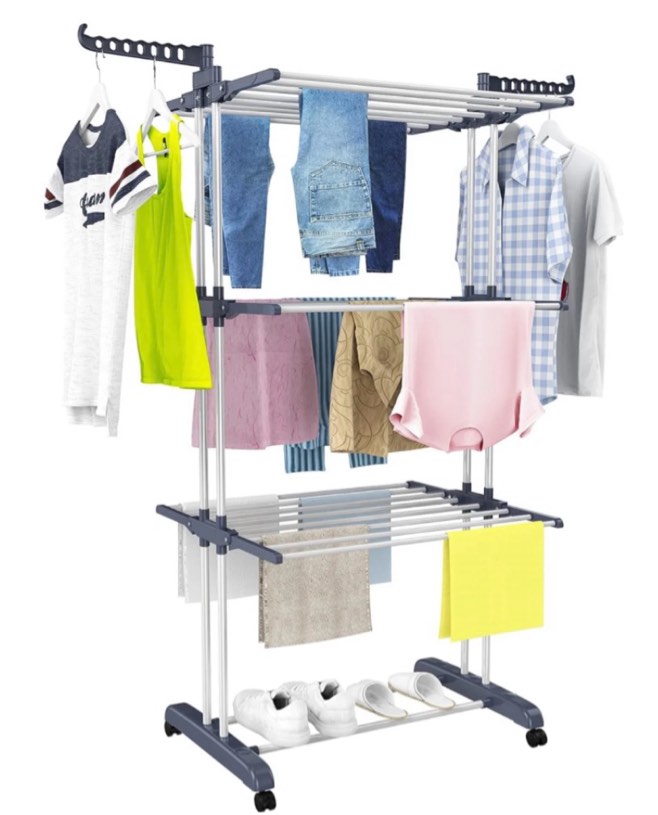 clothes drying rack 4 tier rolling dryer clothes hanger adjustable large stainless steel garment laundry racks with foldable wings indoor outdoor gray
