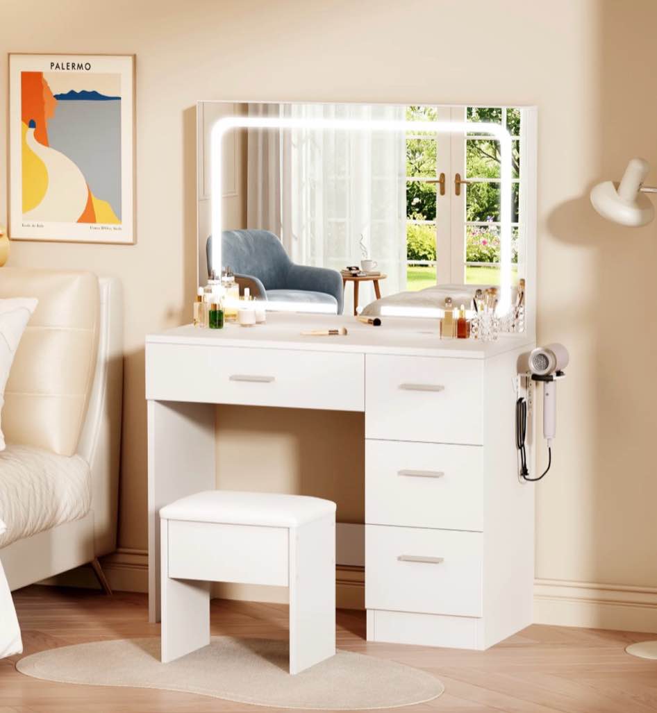 livelyglow smart led vanity desk with stool, dimmable lighted mirror, built-in power outlets & usb ports, spacious drawer makeup table for bedroom,white