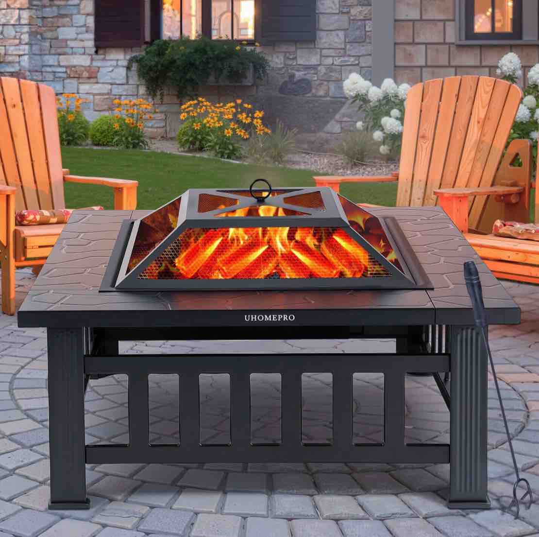 fire pits for outside, 32" wood burning fire pit tables with screen lid, poker, bbq net, food clip and cover, backyard patio garden outdoor fire pit/bbq fire pit, black