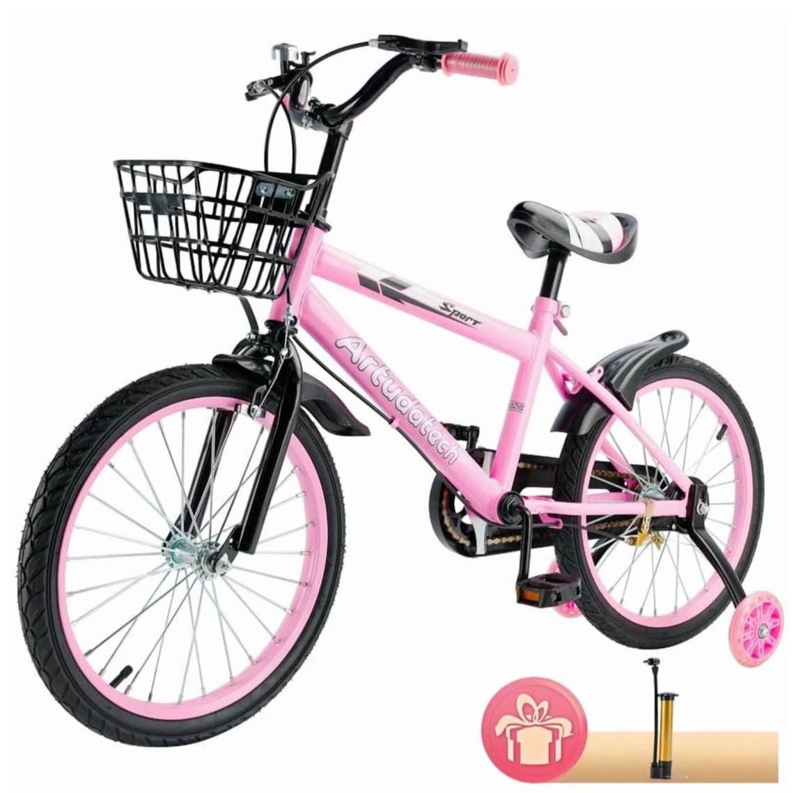 kids bike for ages 3-10 years old boys girls, 14 inch kid's bikes with training wheels, basket, dual brake, children bicycle for kids and toddler beginners, pink/red
