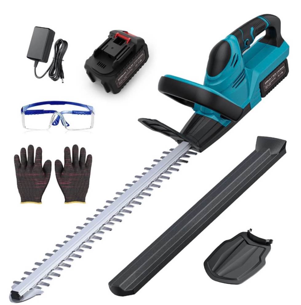 foukus cordless hedge trimmer battery powered: 1000w electric bush trimmer with 21 inch dual-action blades - lightweight garden shrub cutter for bushes trees lawns women & seniors