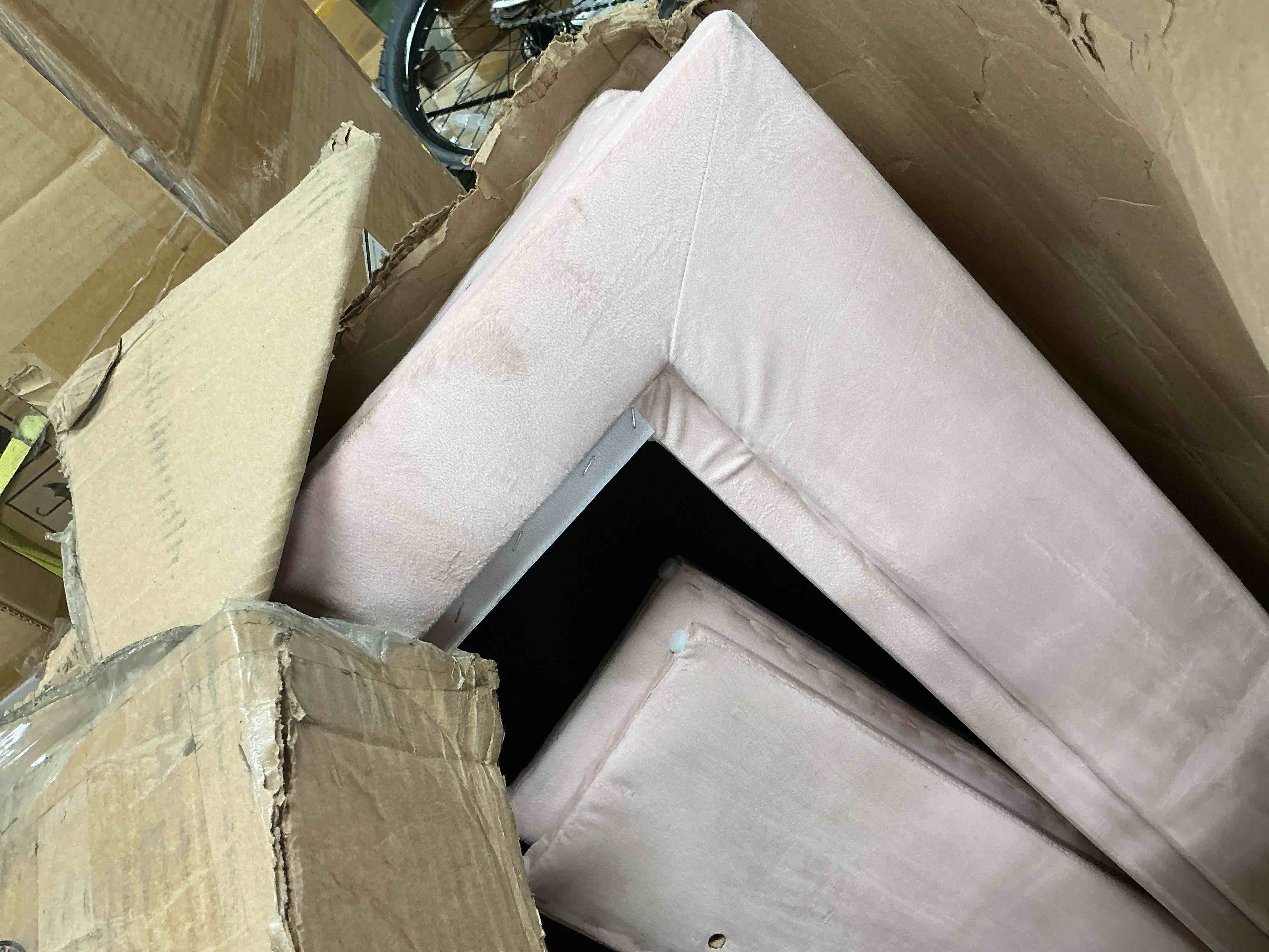 Condition photo showing As Is for hiphuta full size bed with power outlet & led, upholstered princess beds with drawer, full beds with headboard storage, pink
