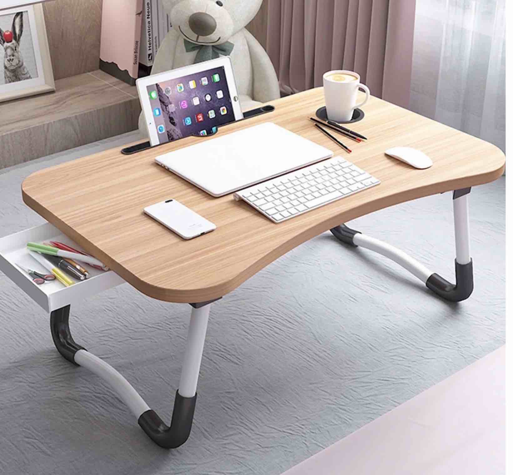 phancir foldable lap desk 23.6 inch portable wood laptop desk table workspace office organizer bed sofa tray with slots/cup holder/drawer anti-slip for reading writing eating watching walnut