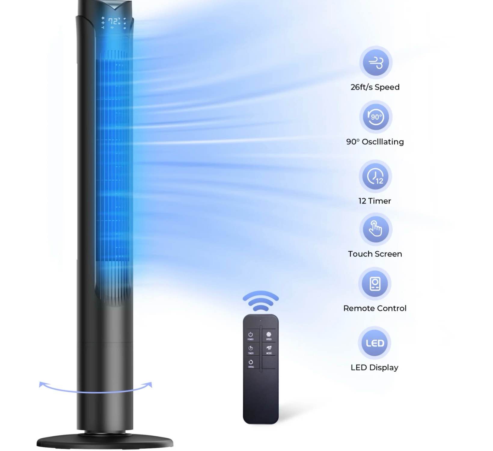 41 tower fan with remote 90° oscillating fans with 3 speeds 3 modes 26 ft/s high velocity led display 12h timer for home living room office