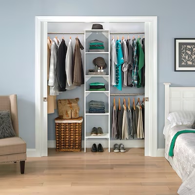 Condition photo showing Good Condition for closetmaid brightwood 4-ft to 6-ft w tower system white solid shelving wood closet system