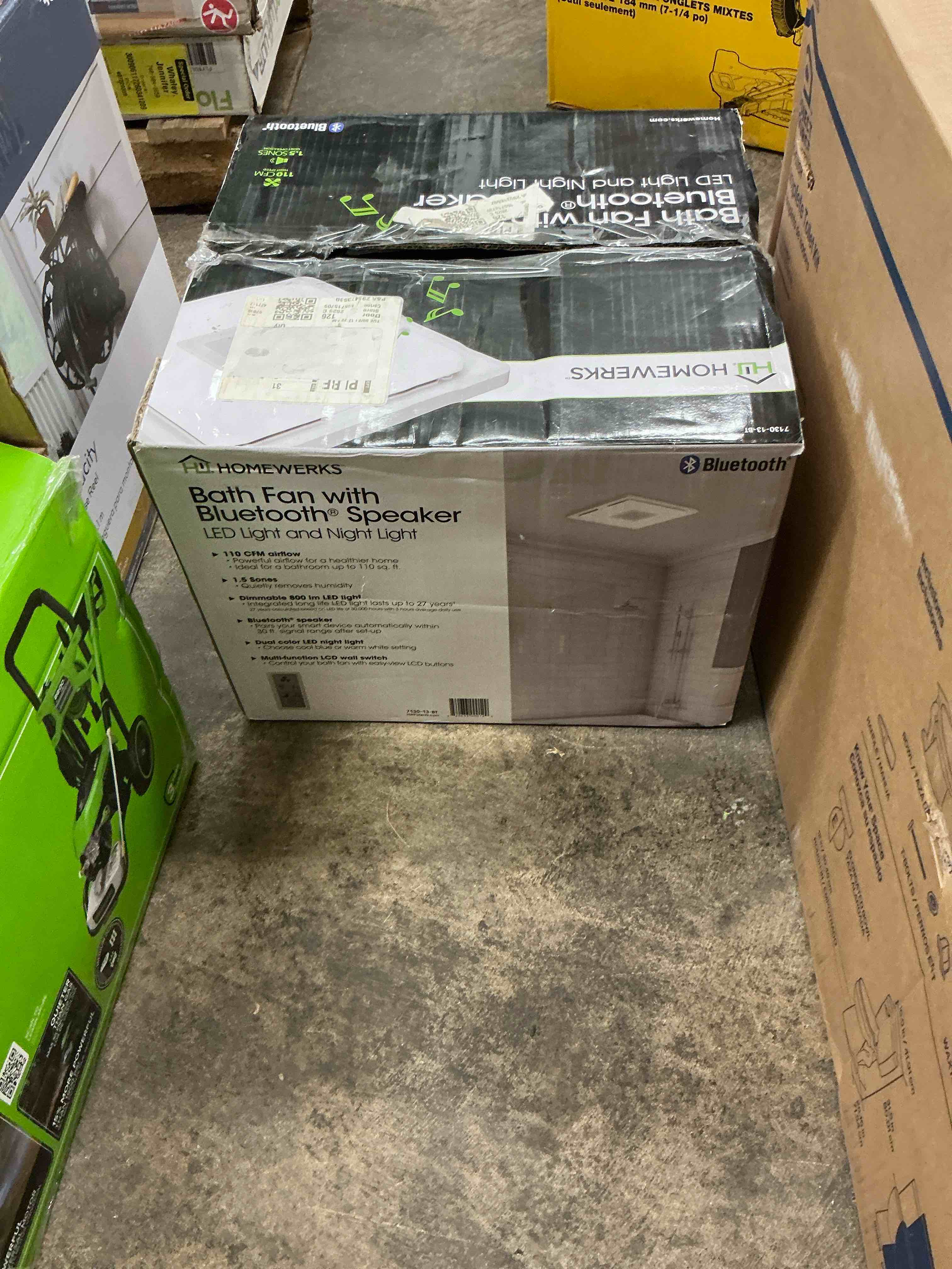 Condition photo showing As Is for homewerks 7130-13-bt white decorative led, bluetooth bathroom exhaust fan new
