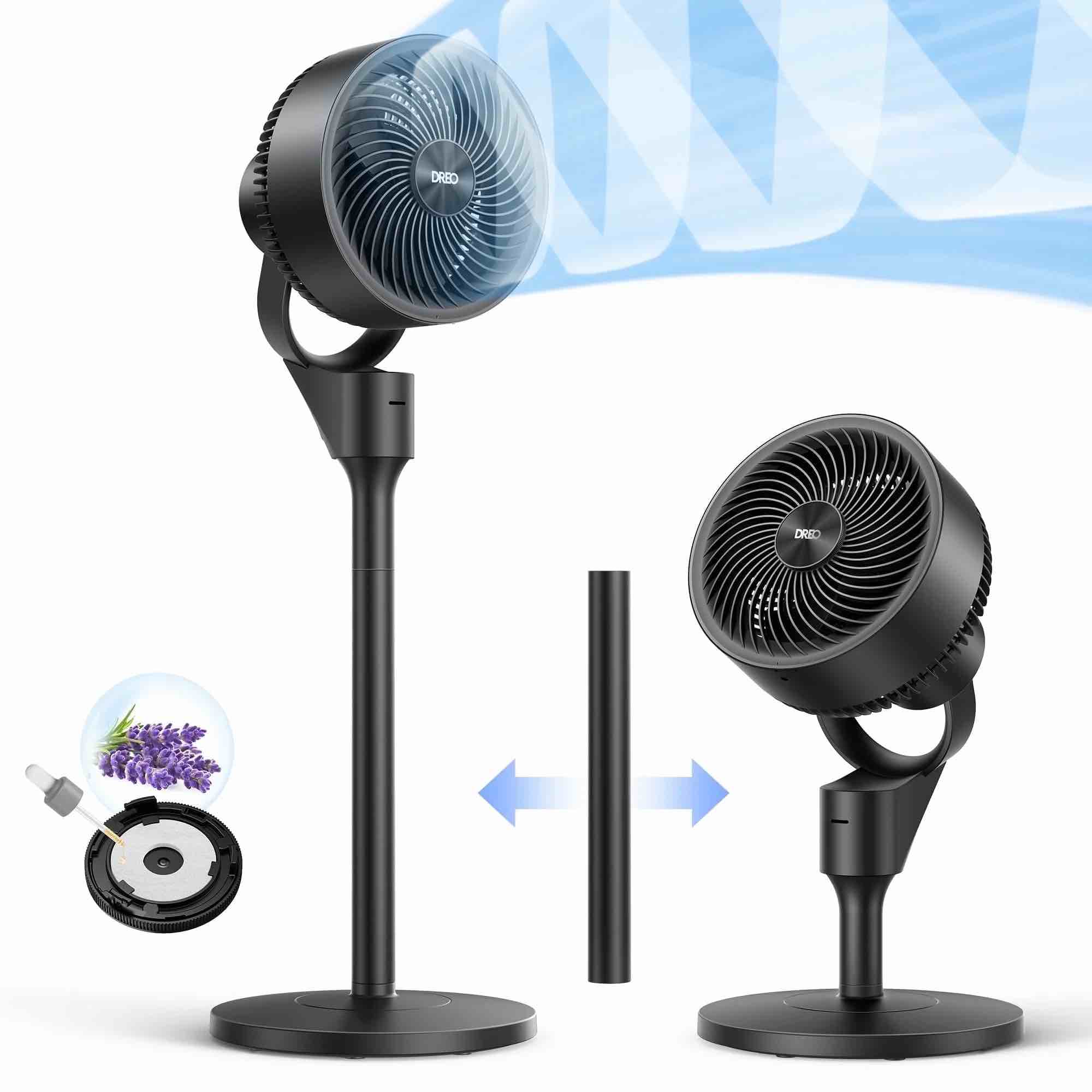 dreo pedestal fan for home, 2-in-1 oscillating fans for table/floor, 80ft floor fan for room, 3 speeds, 25db, ac motor,80° horizontal + 90° manual vertical oscillating standing fan, aroma pad