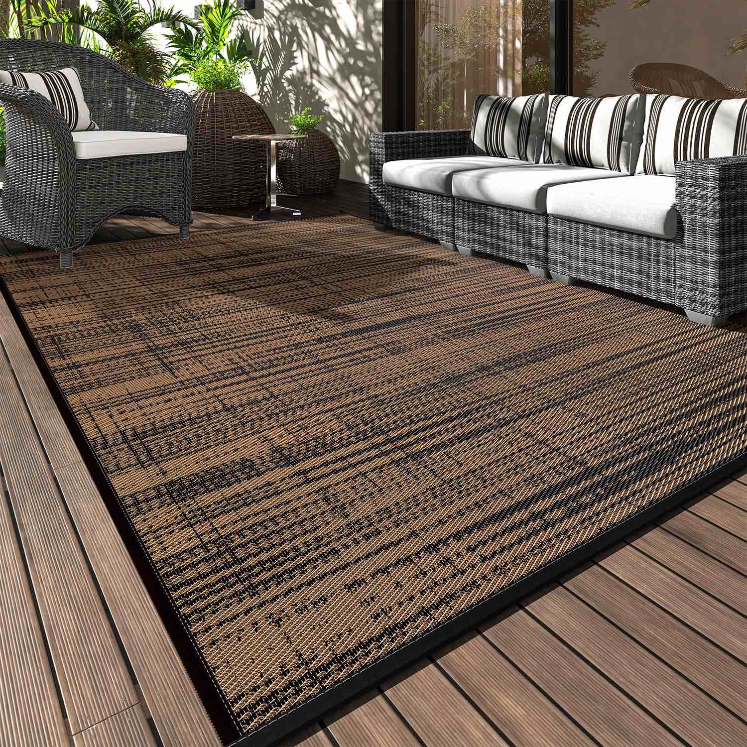 vunate outdoor rug carpet 9 x12 waterproof reversible patio rug portable modern abstract indoor outdoor rug plastic straw rug for rv camping garden picnic deck backyard porch decor black and brown