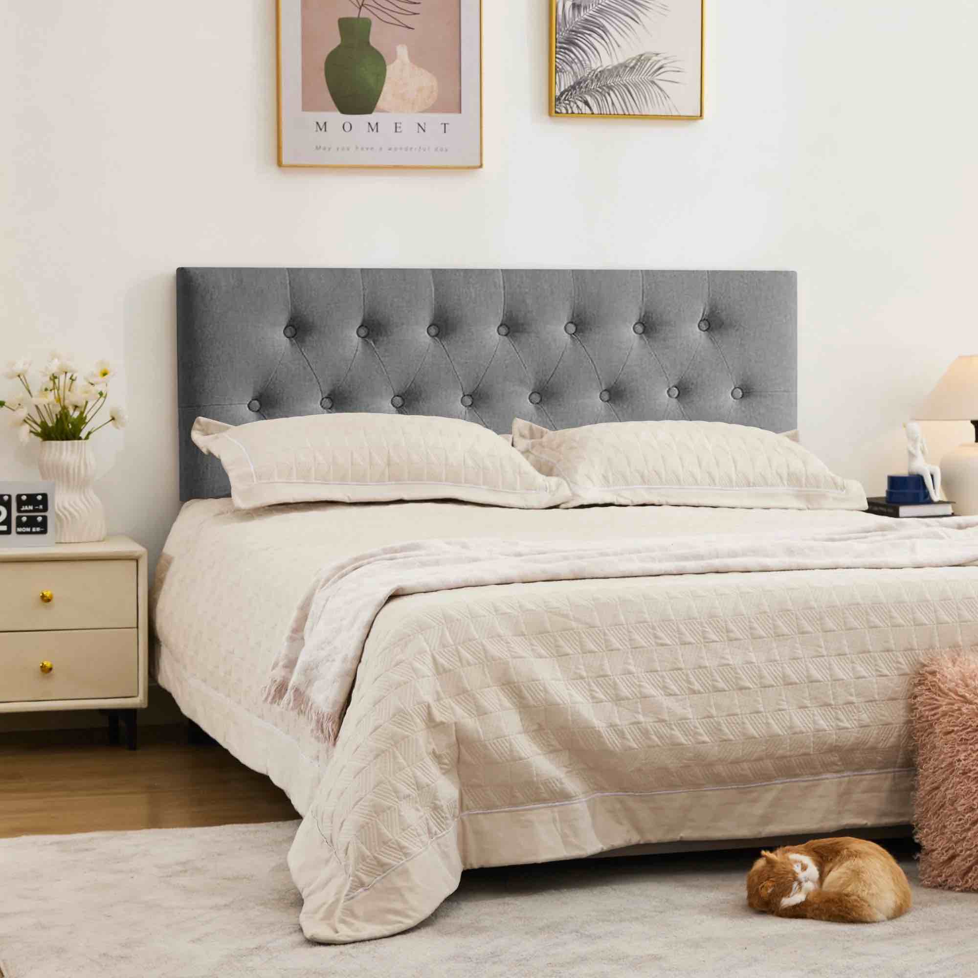 jonpony tufted upholstered headboard full size, solid wood head board with adjustable height headboard from 37" to 51",bed frame adapters,gray,headboard only