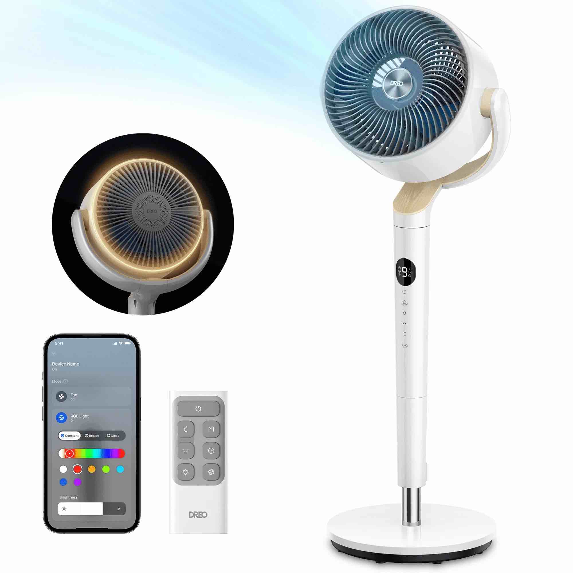 dreo smart fan for bedroom 120° +120° omni-directional oscillating fans 90ft quiet pedestal fan with rgb light 9 speeds 6 modes 20db 8h timer