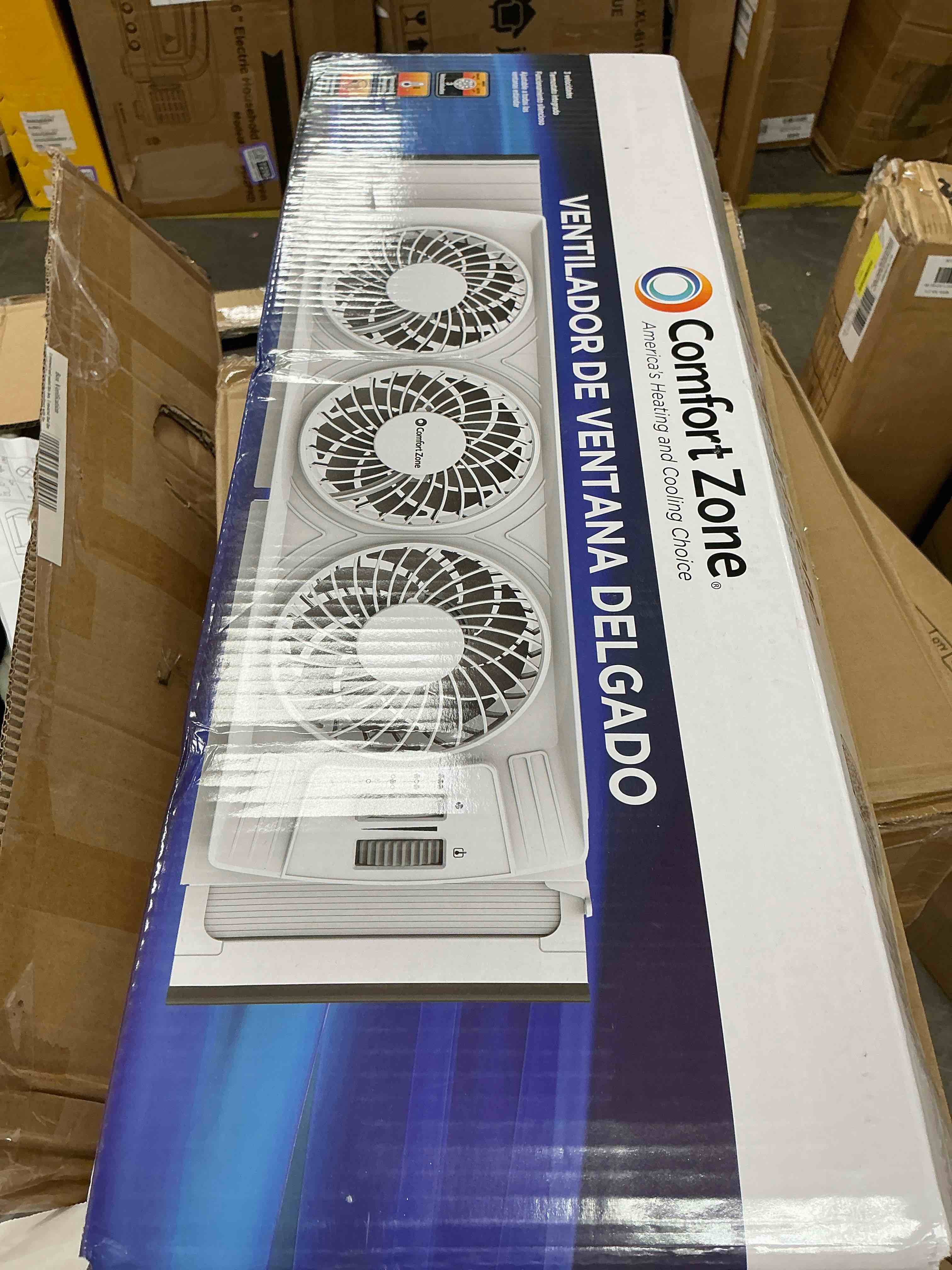 Condition photo showing New/Like New for comfort zone triple window fan with adjustable thermostat | 3-speed high-velocity cooling | horizontal or vertical manual control | fits double hung w