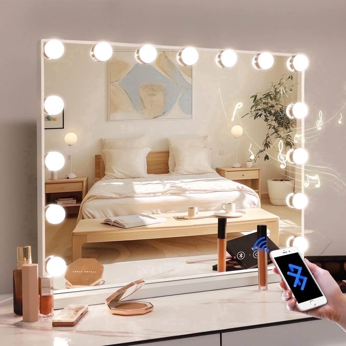 fenchilin 23  x18   vanity mirror with lights bluetooth tabletop wall mount metal white