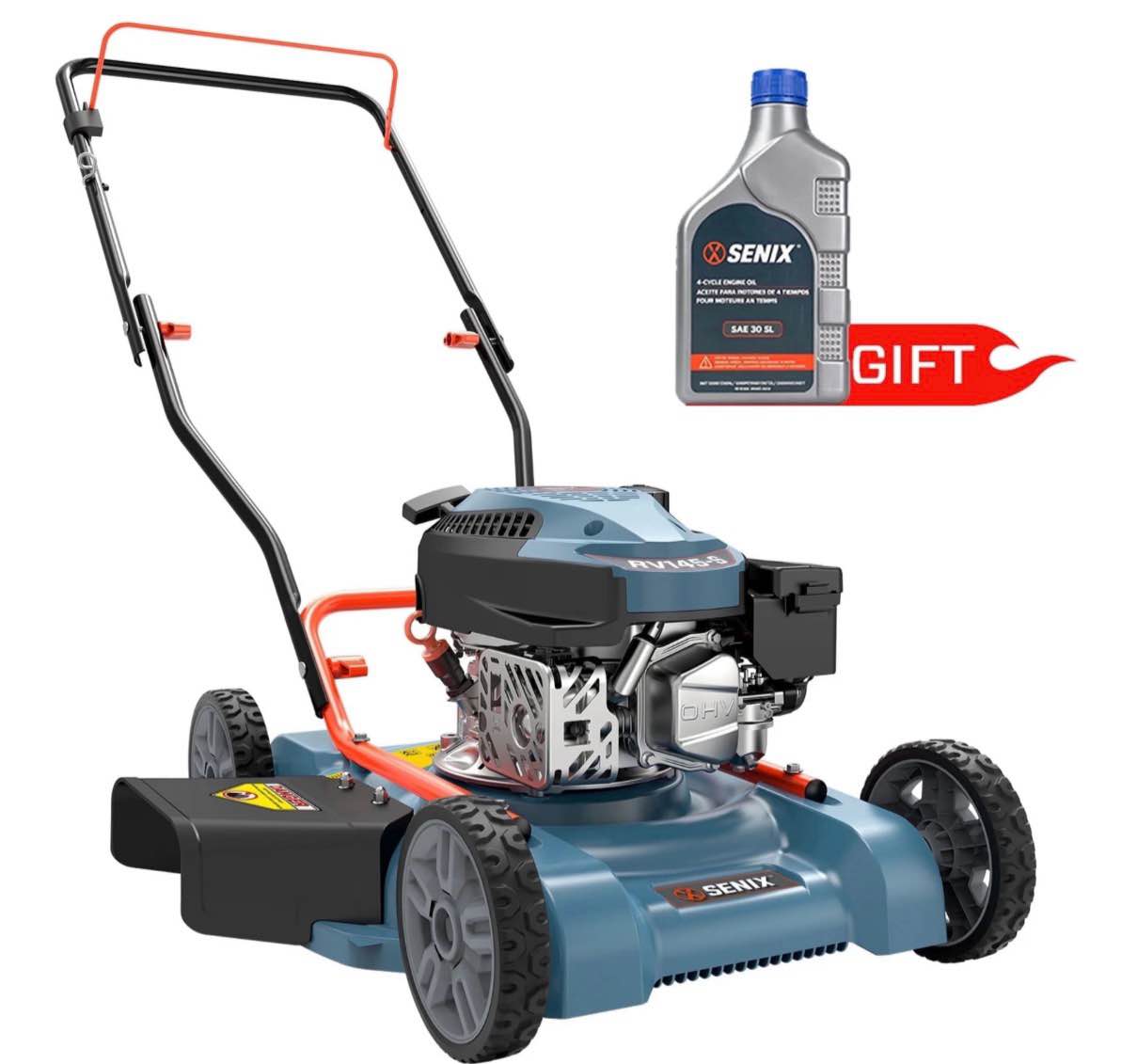 senix gas lawn mower 18in cutting blade / 19in cutting deck 144cc 4-cycle engine push mower with side discharge