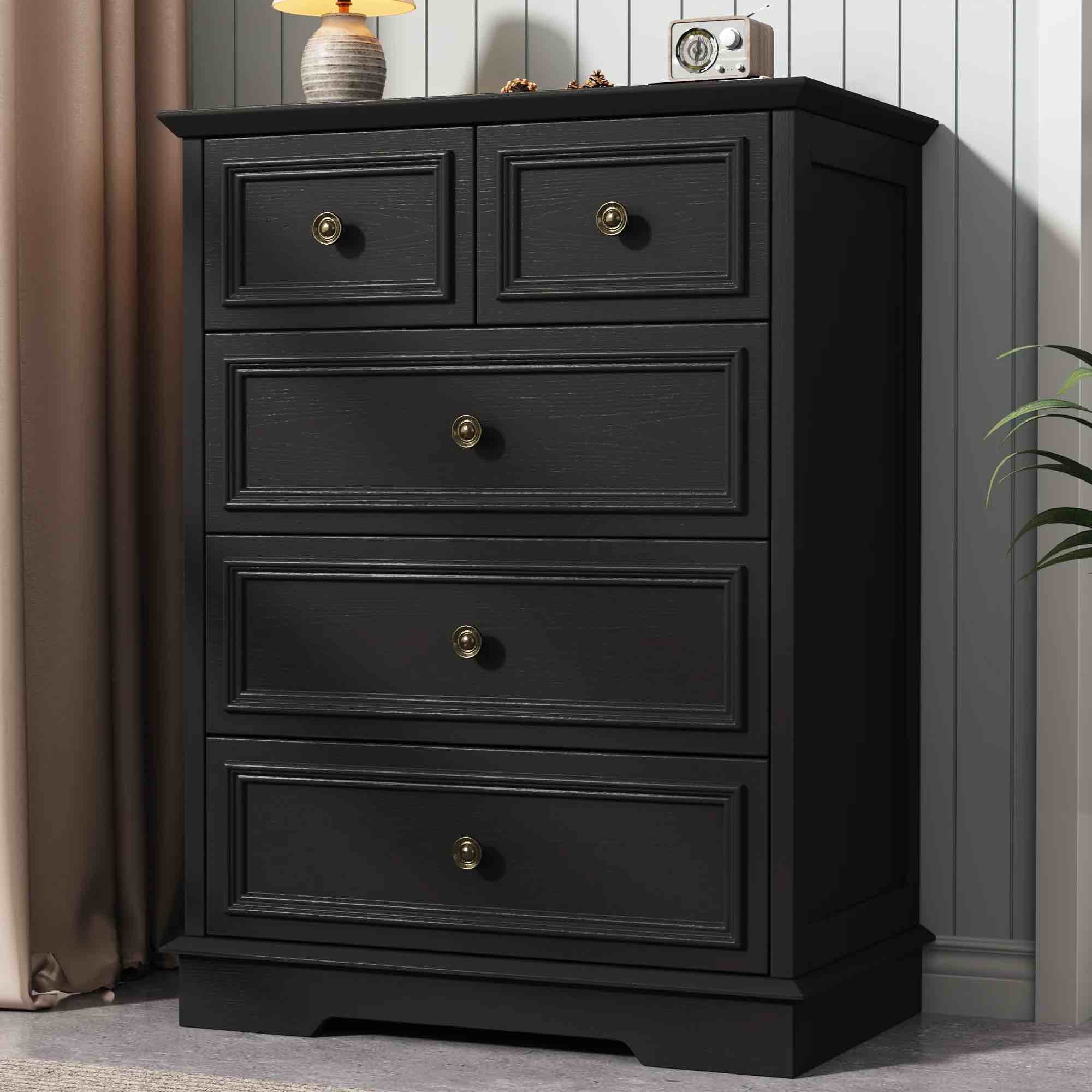 idealsoul 5 drawer dresser for bedroom, black rustic style chest of drawers, retro style 5 drawer dresser for bedroom, living room, bathroom