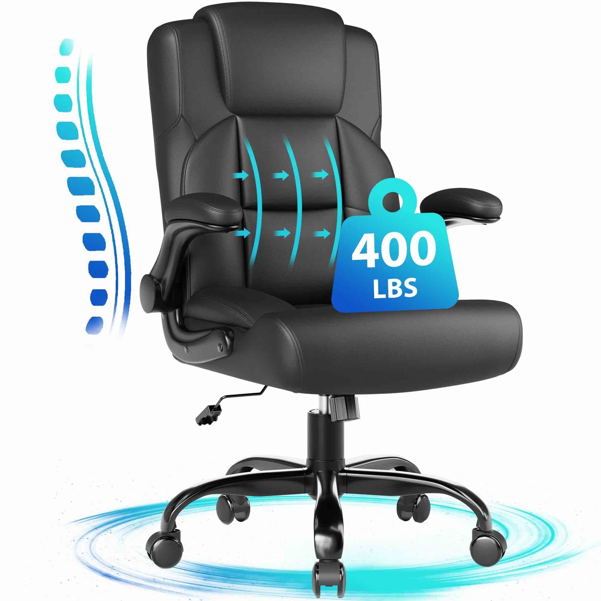 jonpony leather office chair, big and tall office chair 400lbs wide seat ergonomic computer desk chair high back executive leather chair adjustable task chair lumbar back with 1-year warranty, black