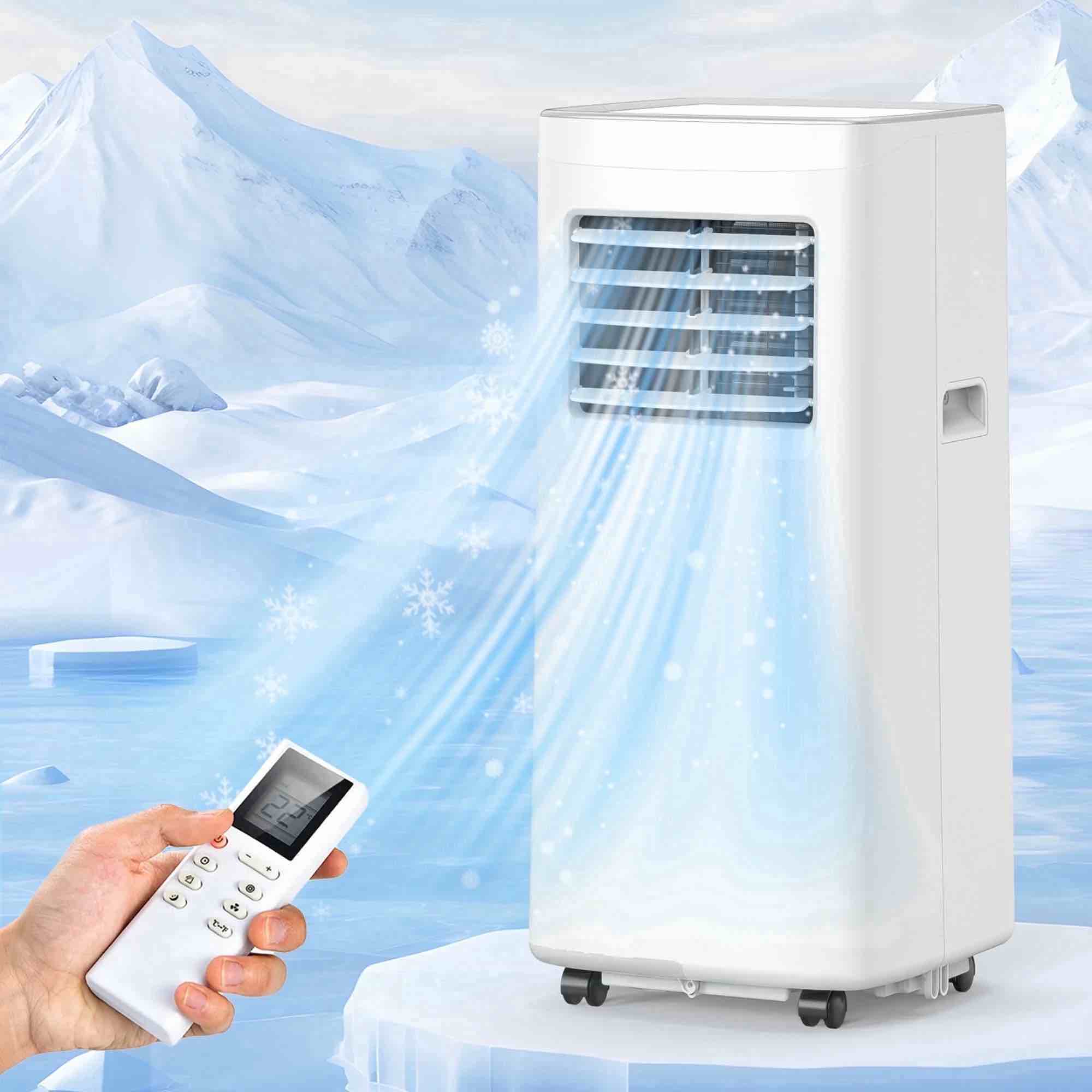 frostorm 8500 btu portable air conditioners, 4 in1 air conditioner with remote control,portable ac cooling range up to 360 sq.ft, windows kit,brush,white