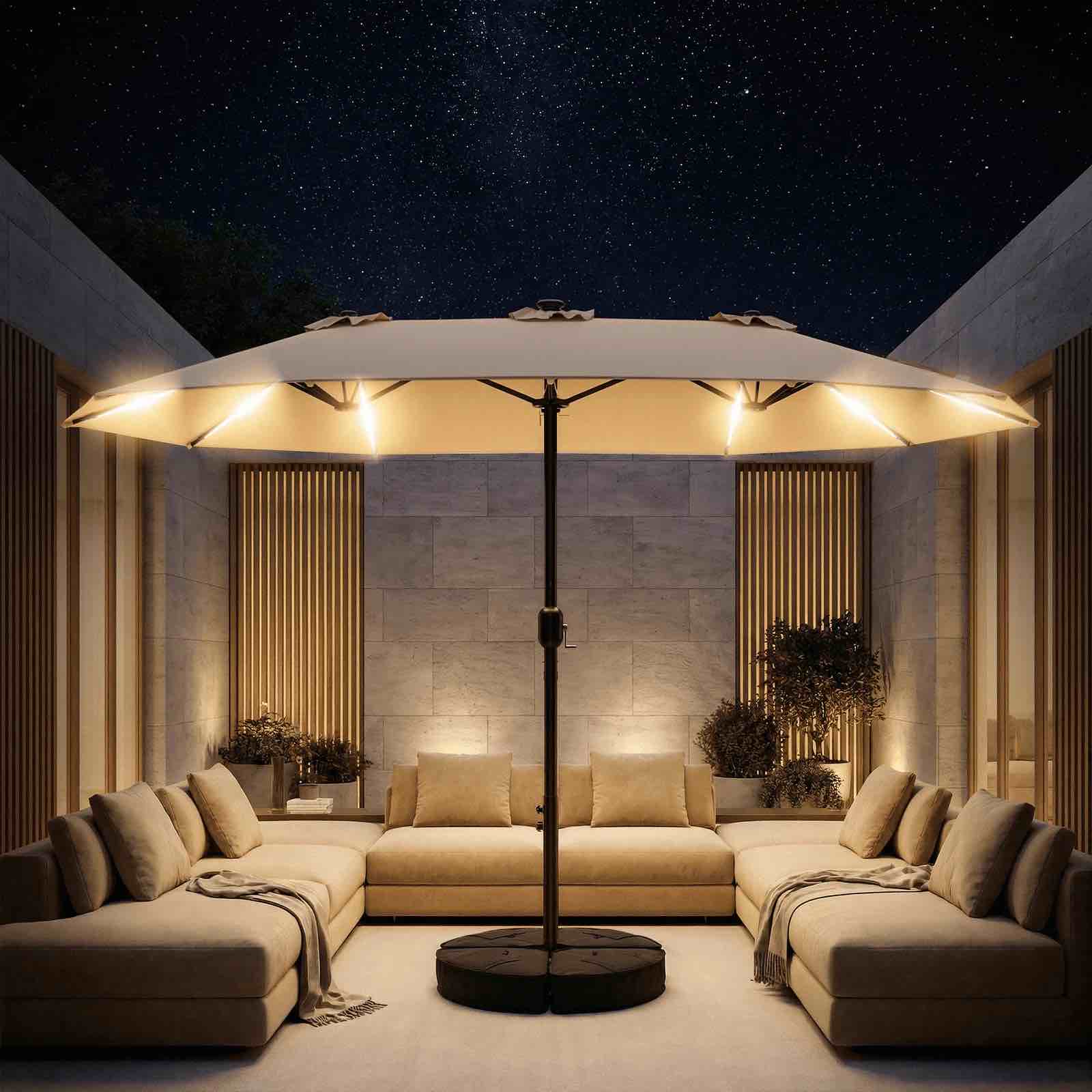 taskbay 15ft patio umbrella with solar led lights, double-sided rectangle outdoor umbrella with base included, large backyard & garden umbrella, beige