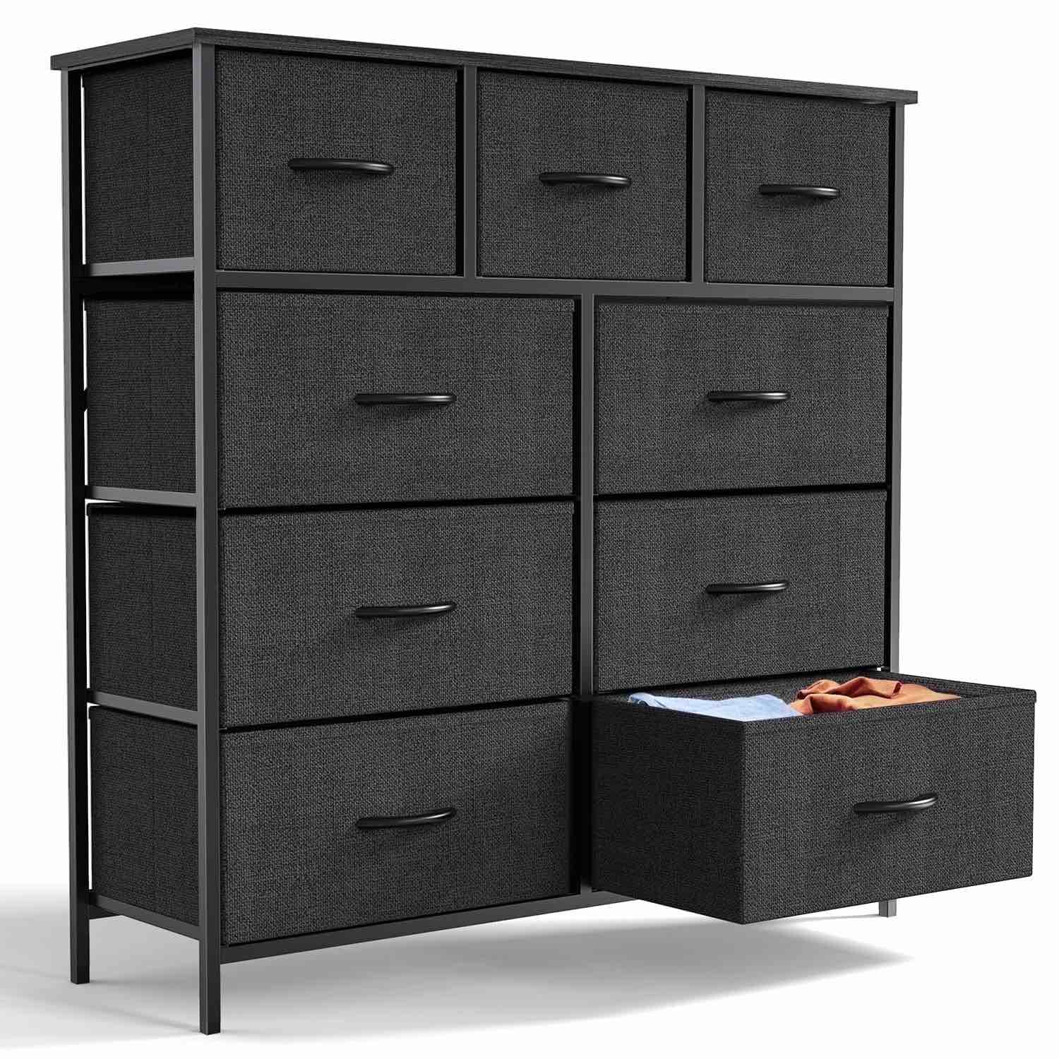edx 9 drawer fabric dresser for bedroom, chest of drawer organizer storage cabinet for closet, entryway, black