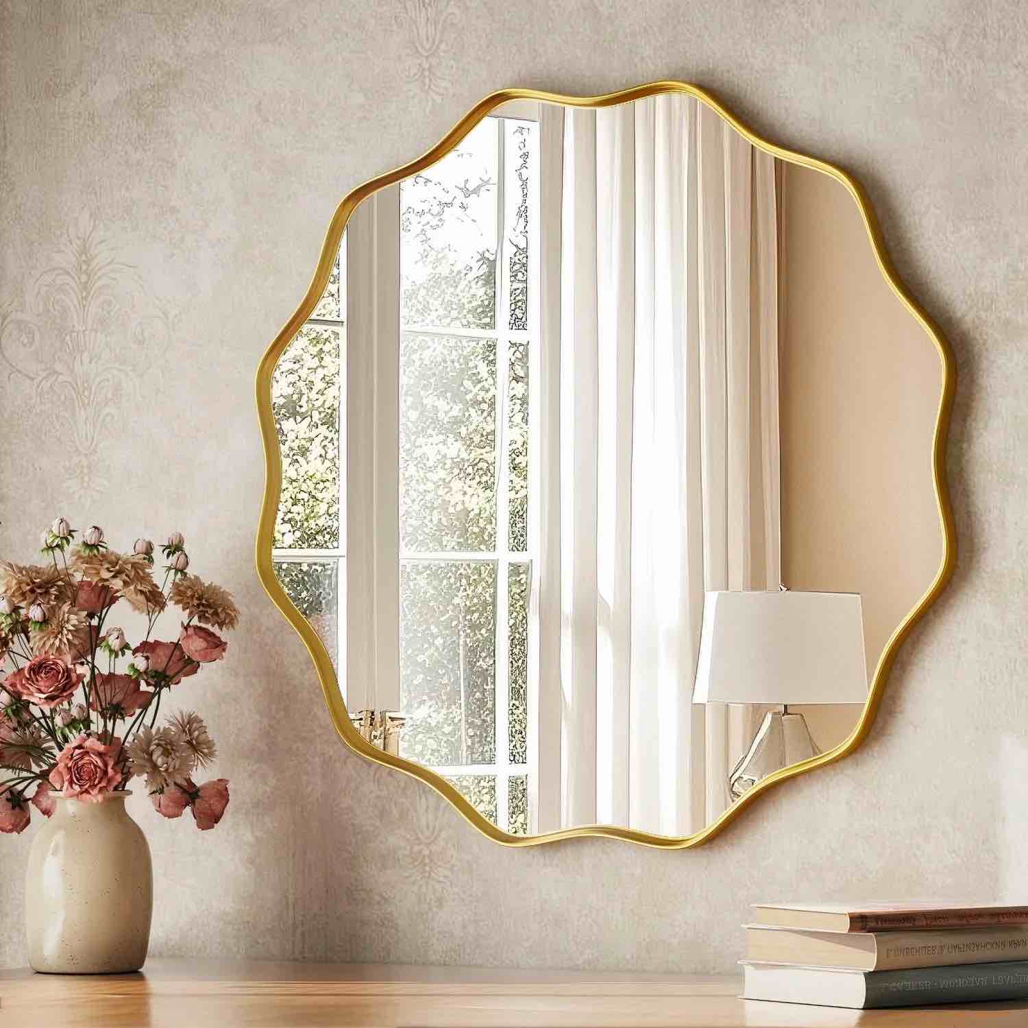beautypeak 24" wavy round bathroom mirror wall decor with deep frame, gold