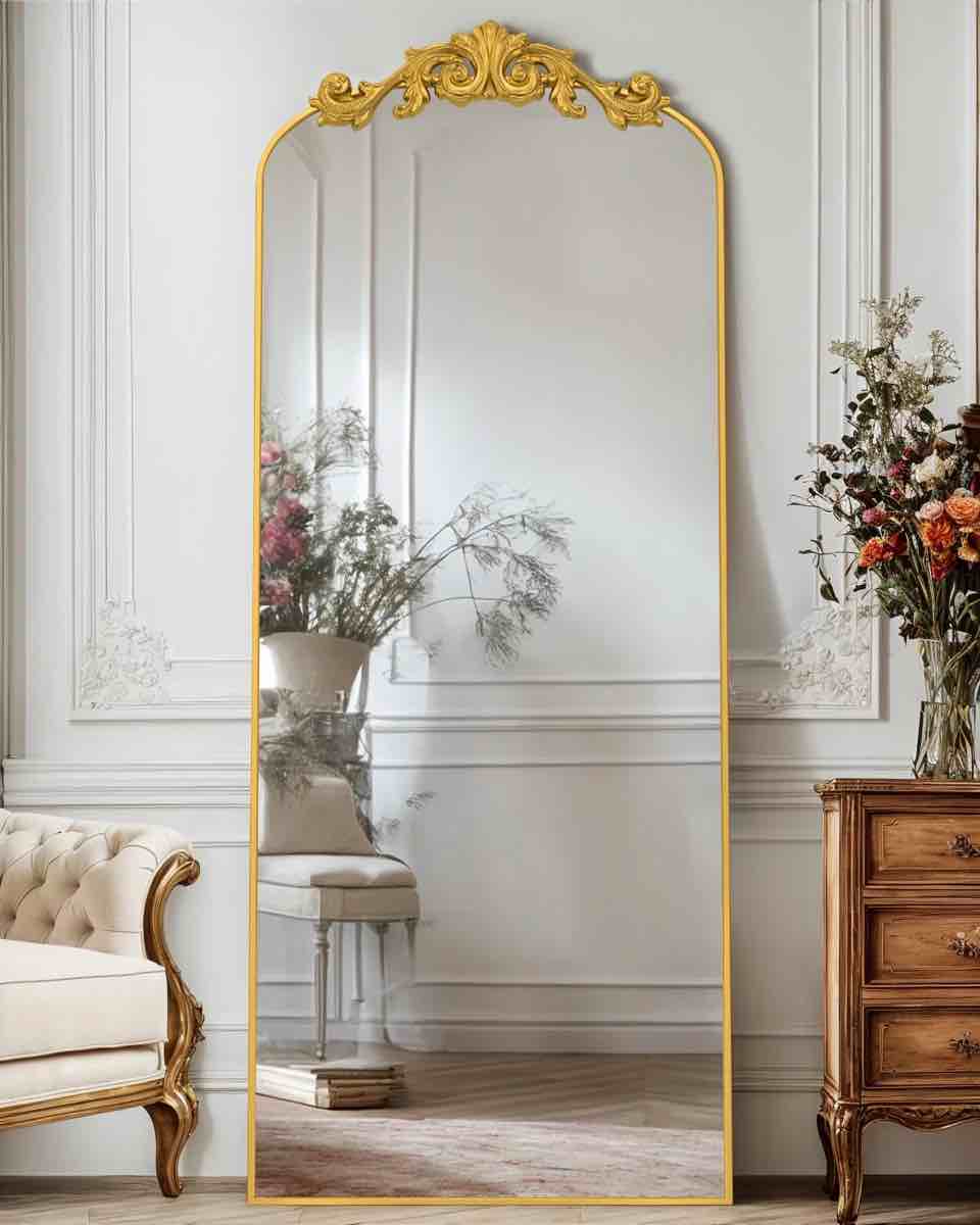 antok 58 x18 vintage arched full-length mirror with carved metal frame baroque-style floor mirror gold