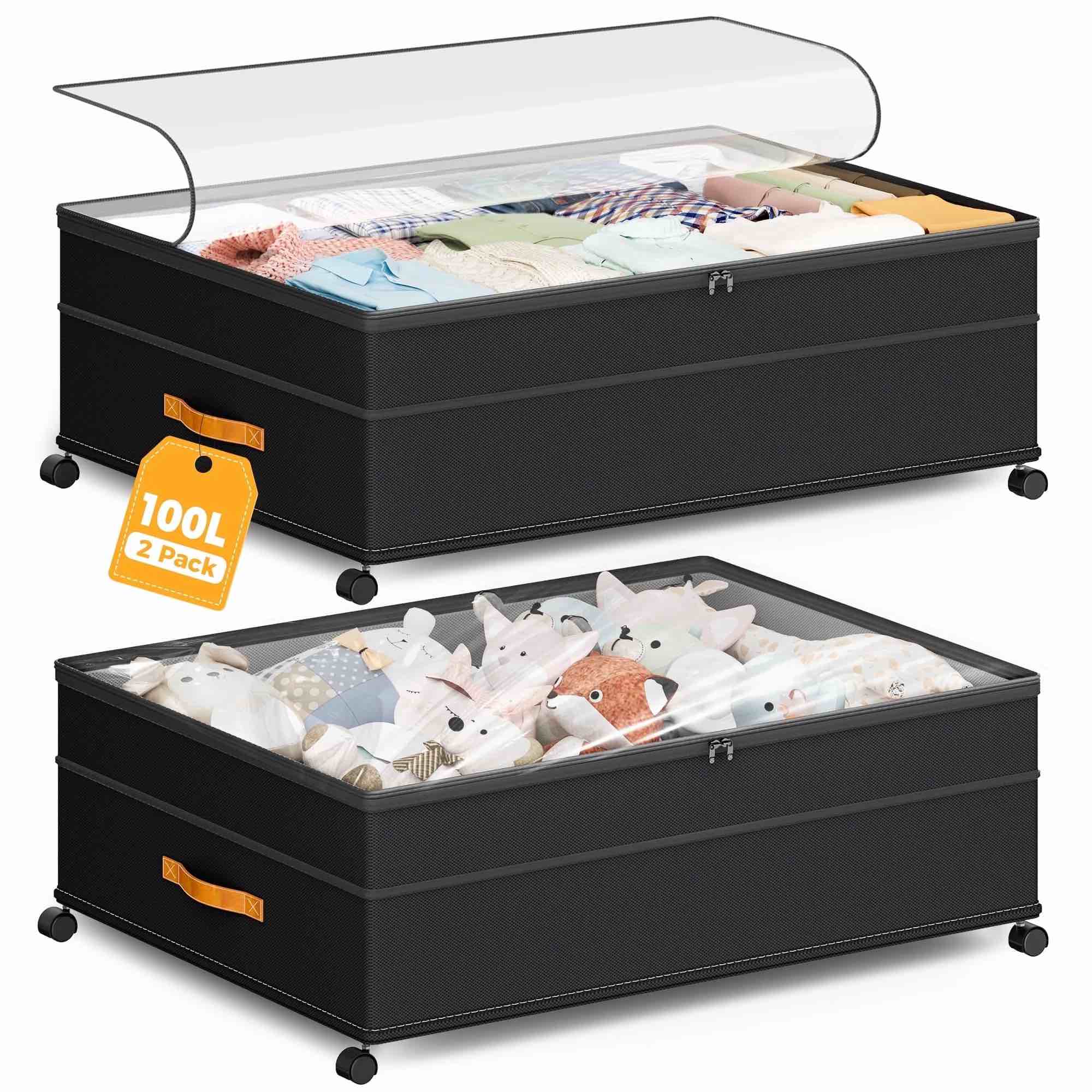youpins xxxl 100l under bed storage with wheels 2 pack under bed storage containers storage bins with lids for clothes shoes blankets black