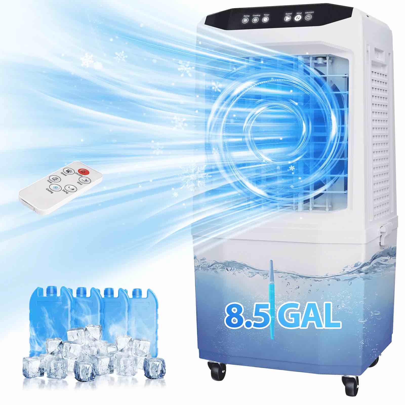 evaporative air cooler,1500 cfm portable air cooler fan with 4 ice packs, 8.5 gallon tank, 90° oscillation, remote, 12h timer, quiet 38db, black