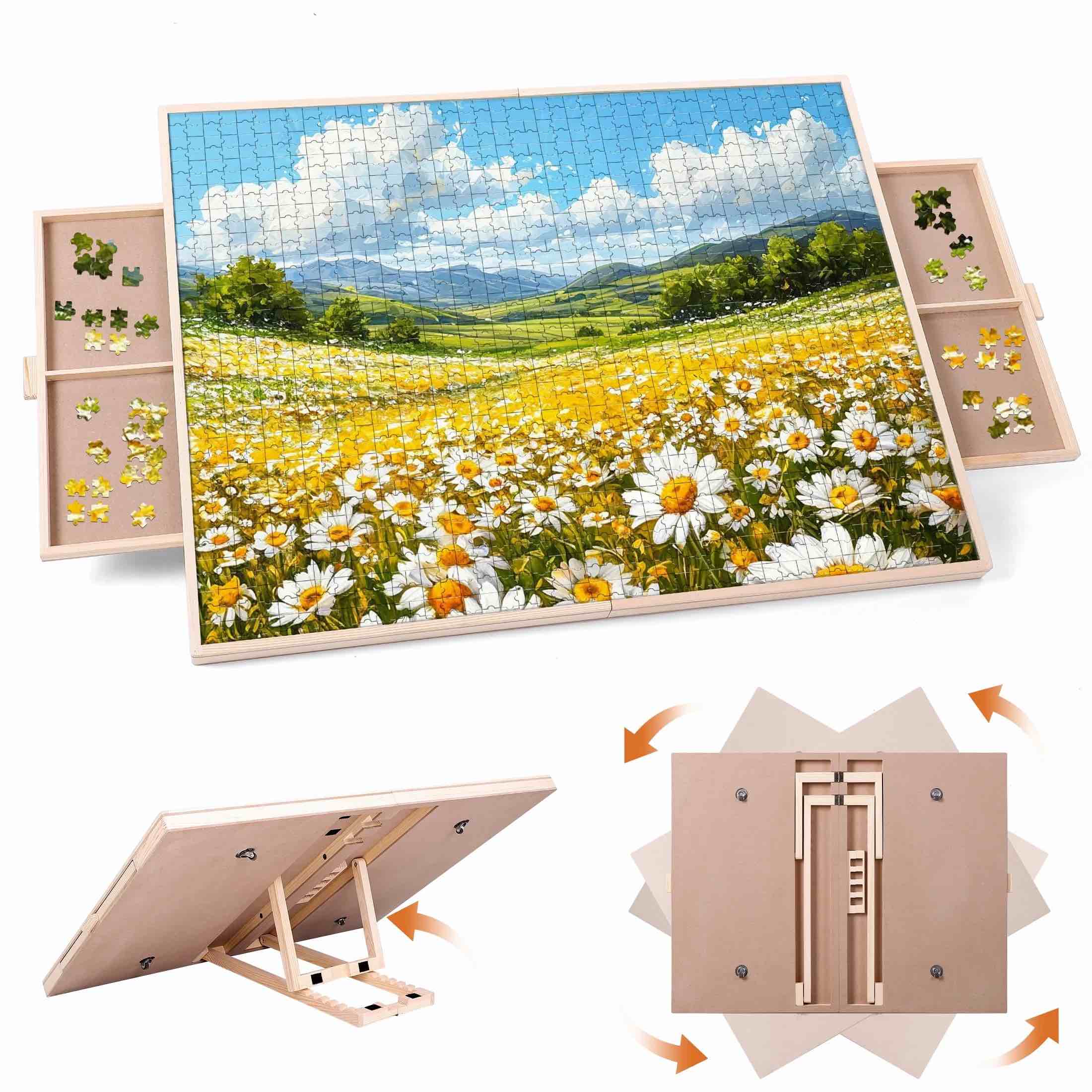 kalnur 1500 pieces 2-in-1 tilting & rotating puzzle board for adults gifts wooden jigsaw puzzle table with 2 drawers portable board with lazy susan