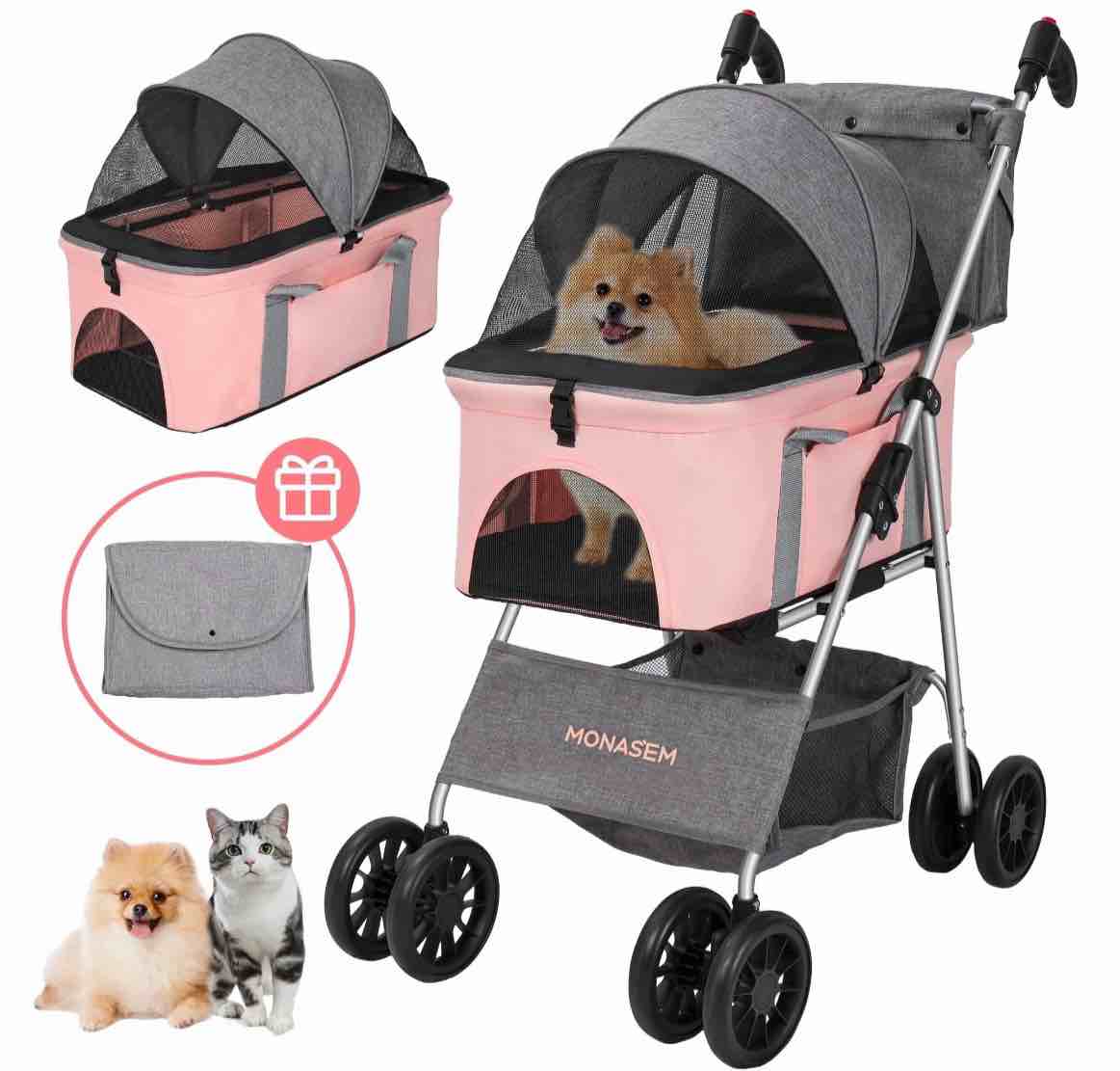 monasem 4 wheels foldable pet stroller 3 in 1 with waterproof detachable pets travel carrier for small/medium dogs cats up to 60lbs, pink