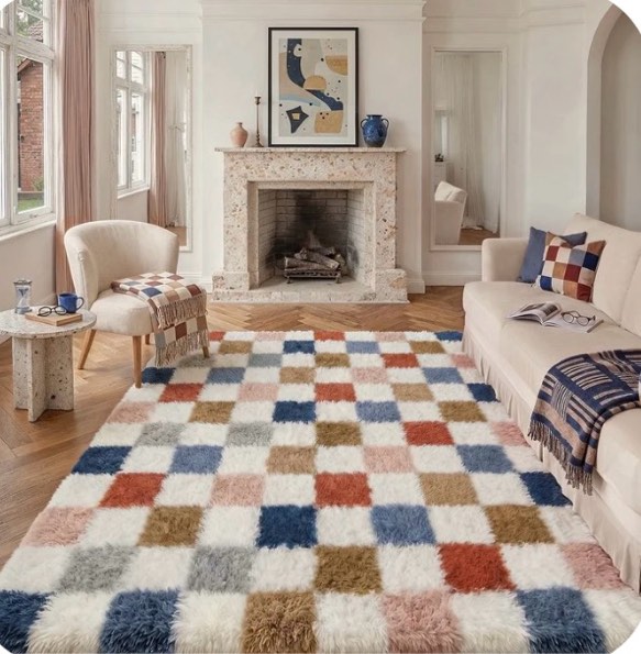 berthmeer 8'x10' large shag area rugs for living room bedroom dining room plush pile soft checkered fluffy geometric modern indoor carpets rugs,multicolor