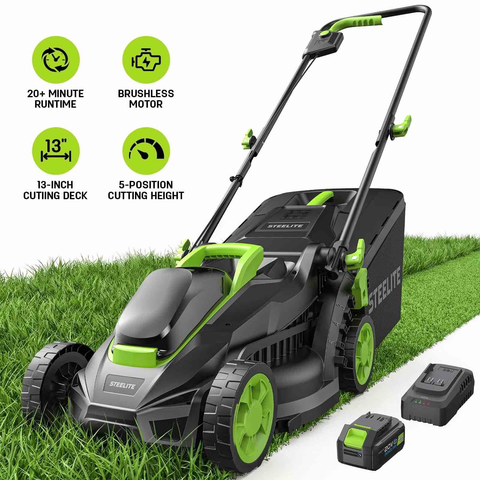 steelite 13-inch cordless lawn mower, 21v electric lawn mowers with brushless motor for garden,5 heights adjustment, 4.0ah battery & charger included