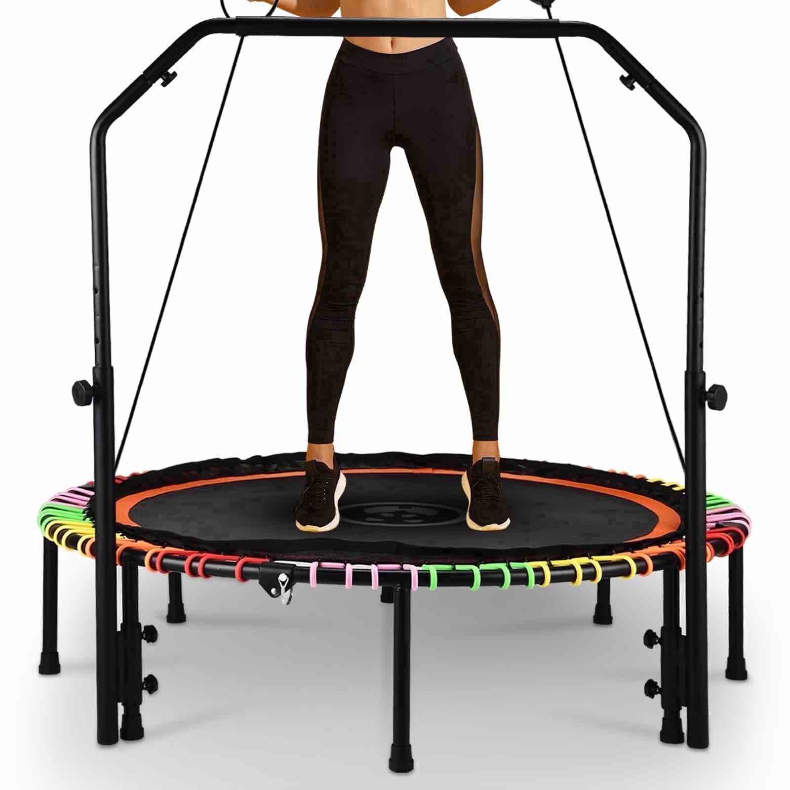 heyzoo 48  fitness trampoline with 550 lbs weight capacity heavyduty rebounder  with bungees  u shape adjustable foam handle  for home gym  cardio workouts  and family fun