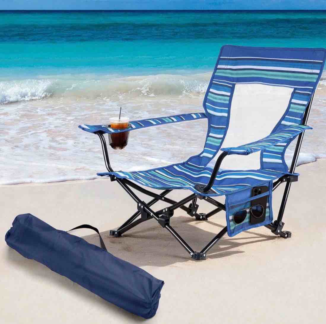 coliware folding backpack beach chair, coastal stripe compact lightweight camping chair with carry bag cup holder, outdoor reclining low-profile travel chair for adults, heavy-duty