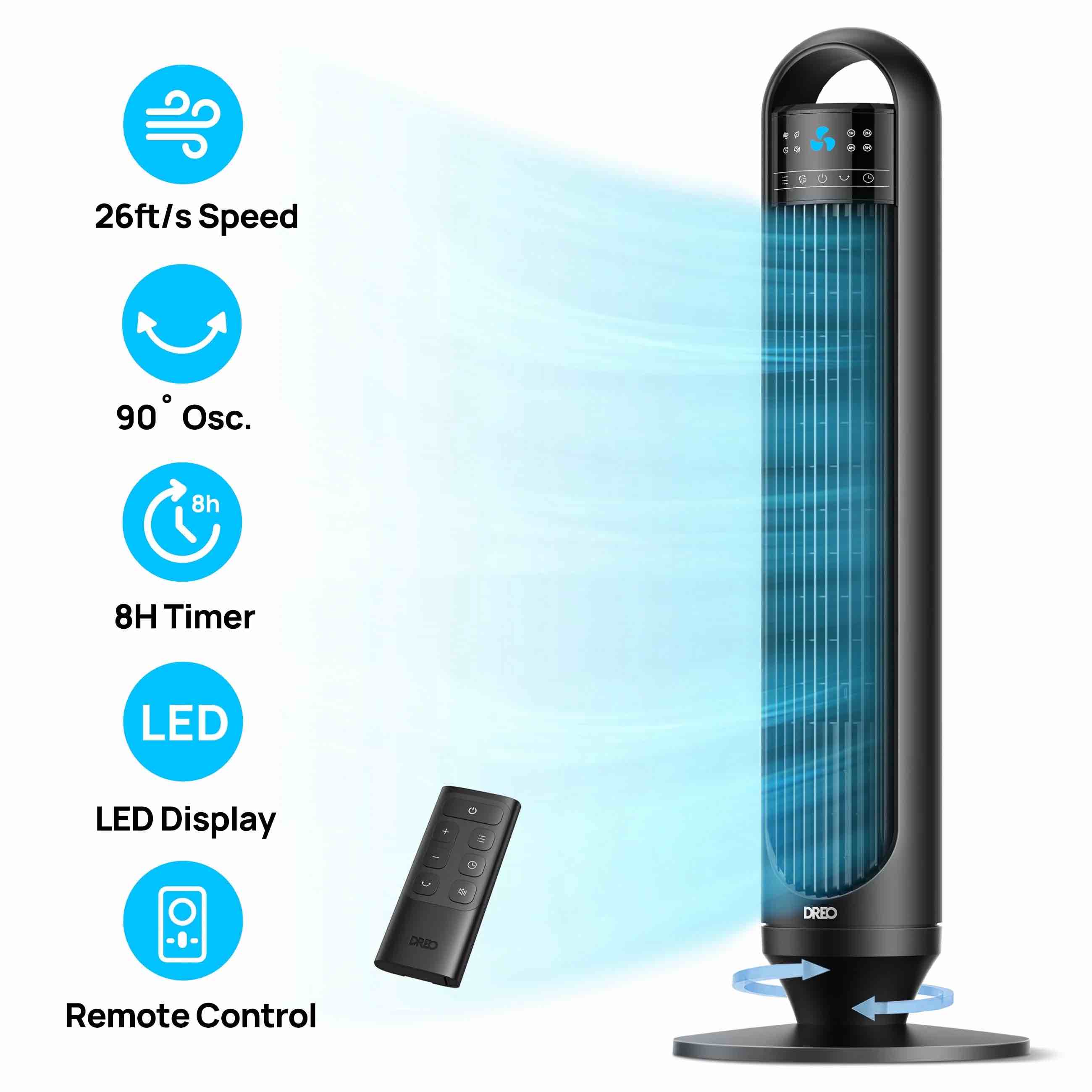 dreo tower fans for home  32  standing floor fan  26 ft/s bladeless fan with remote  90° oscillating  3 modes  3 speeds  led display  8h timer  quiet