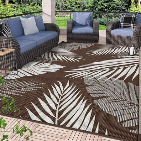 deorab 8 x10 outdoor rugs patio waterproof outside mat reversible plastic camping carpet coffee & beige