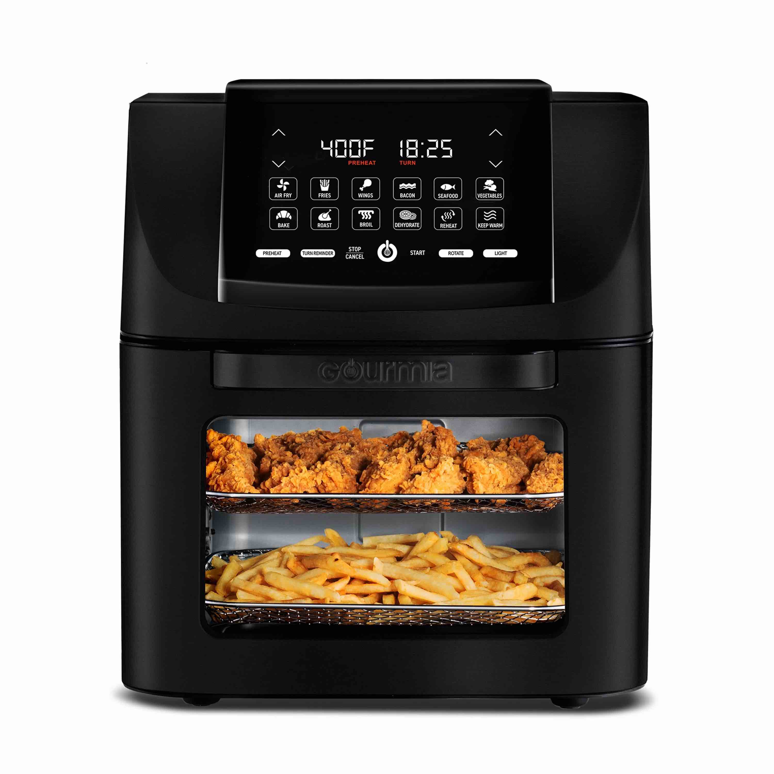 gourmia 14 qt air fryer oven, 12 presets, rotisserie, fryforce 360°, black