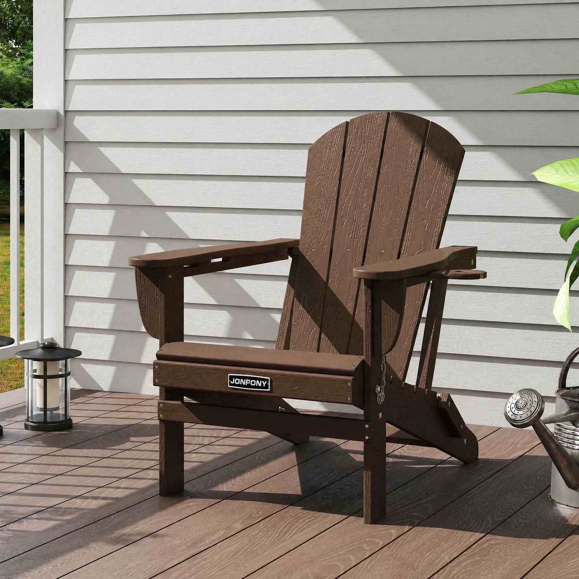 jonpony folding adirondack chair - hdpe all-weather outdoor chairs, patio chairs outdoor wood like adirondack chair for backyard, camping, pool & fire pit,brown