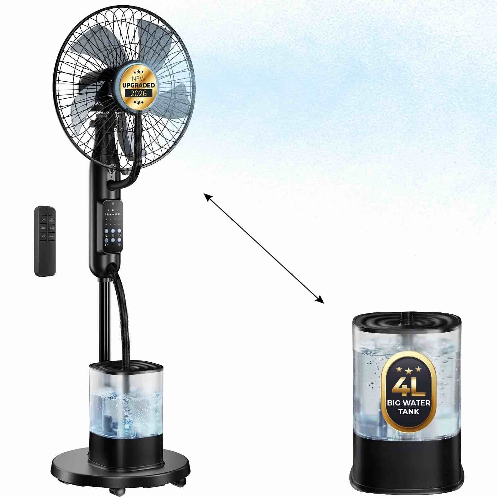 pedestal misting fan, mister cooling fan with 4l large water tank, 5 speeds 3 modes misting standing fan, floor fan with remote for home bedroom patio outdoor