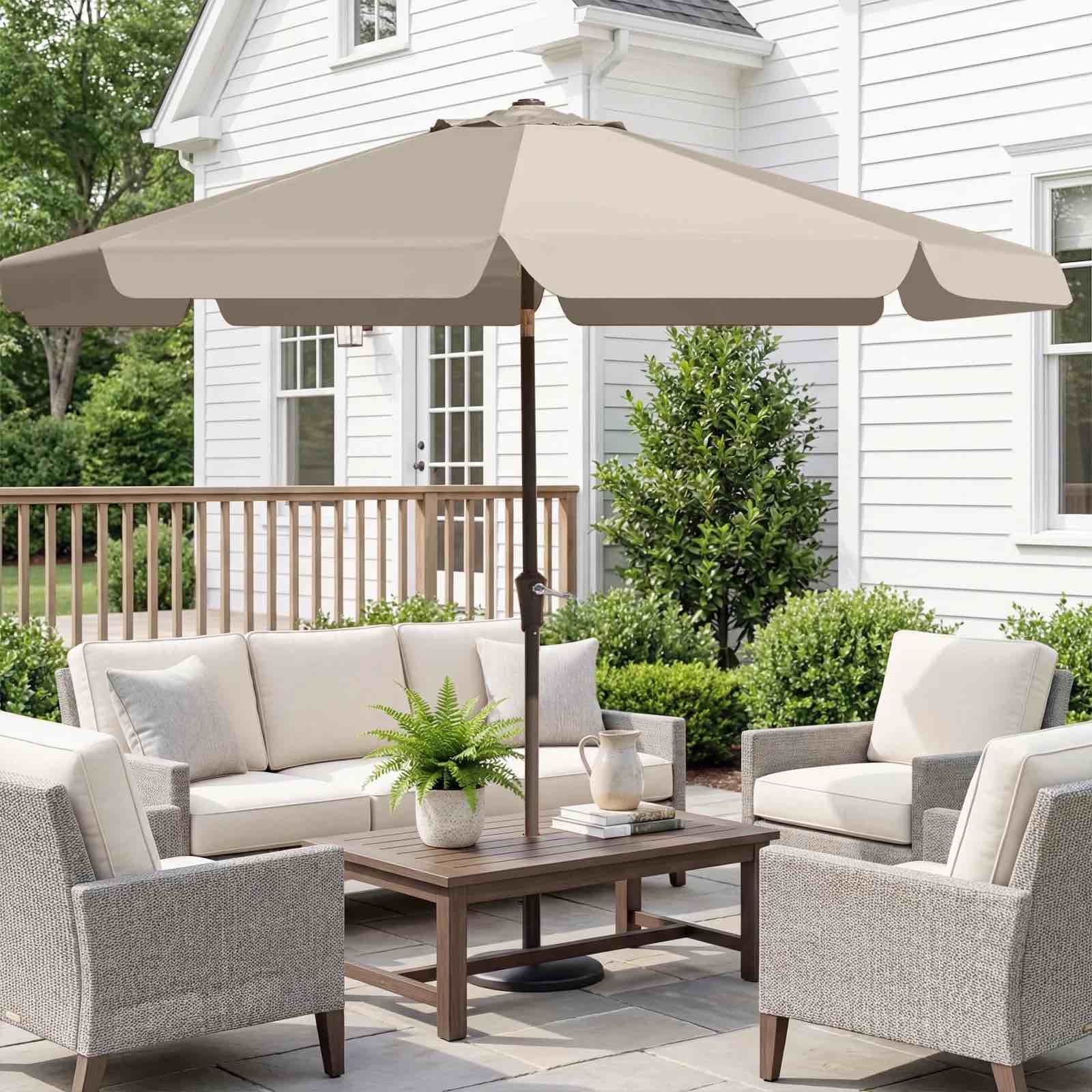 fundaze 9ft outdoor patio umbrella with tilt & crank, heavy duty round sun umbrella for garden, poolside, deck, backyard?beige