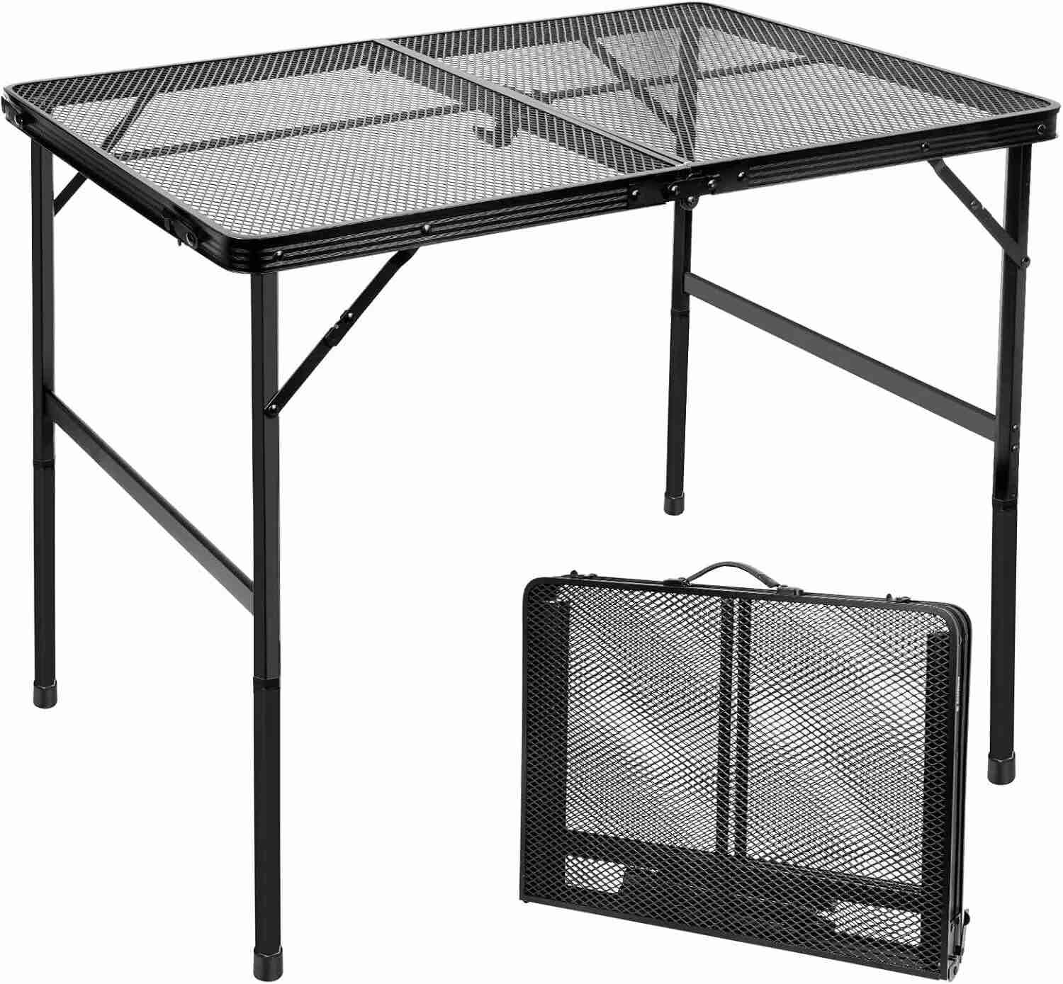 3ft camping folding table with adjustable height(16.5"/26"), black metal mesh table with carry handle, lightweight portable folding grill table for camping tailgating bbq picnic indoor, up to 66?lbs